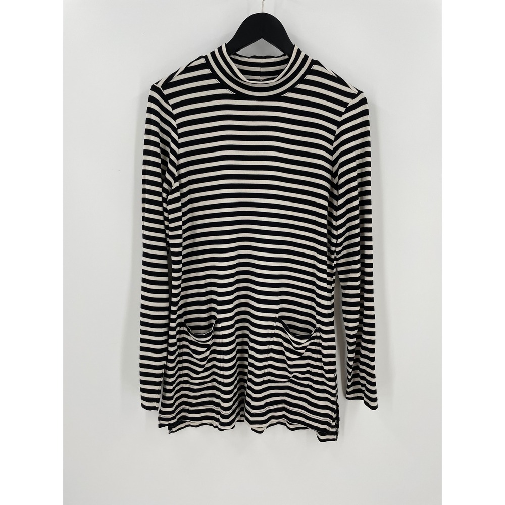 Duluth Trading Womens M Striped Mock Neck Tunic Top Modal Pocket Black White‎